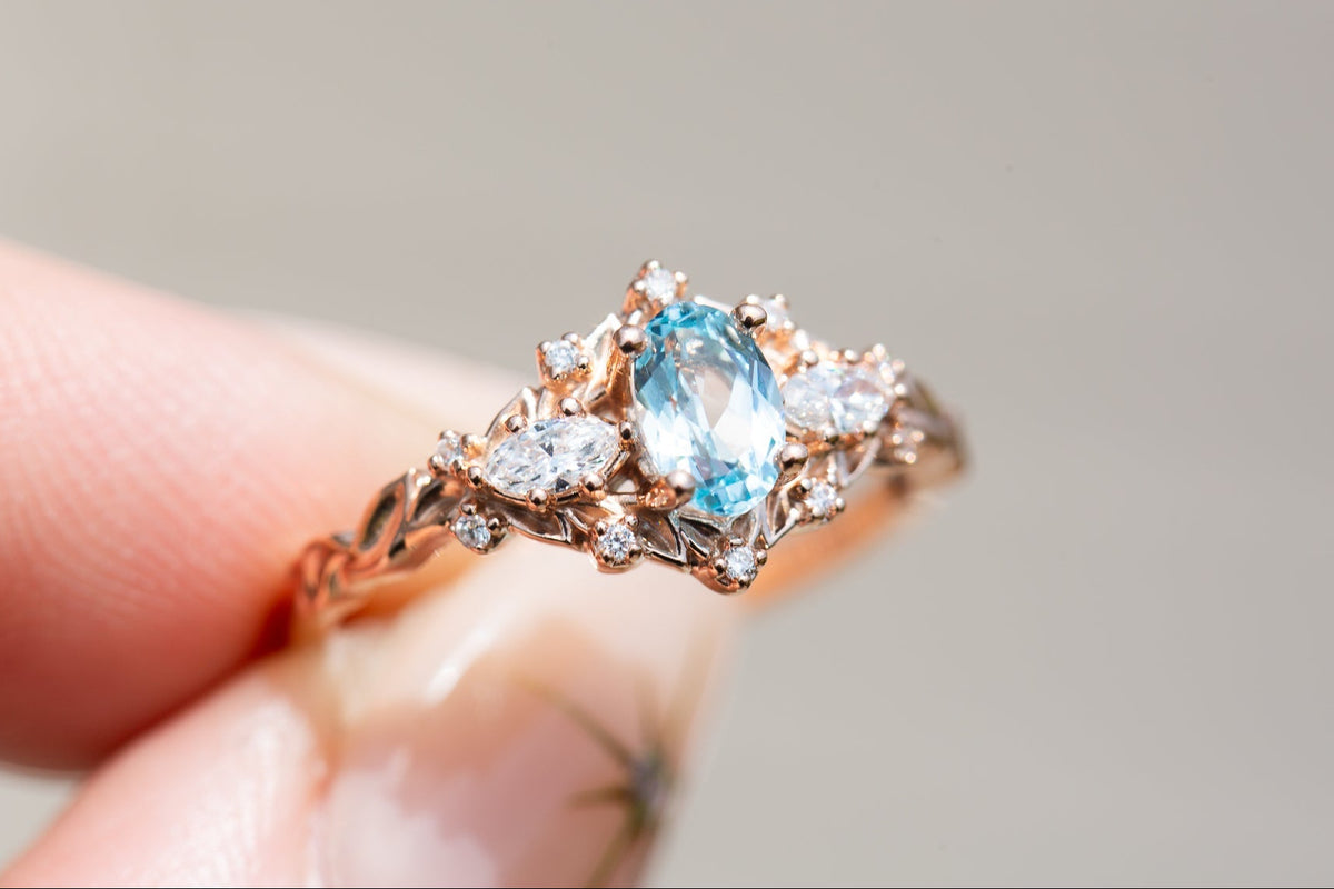 Briar Rose Three Stone with lab aqua sapphire and lab diamond