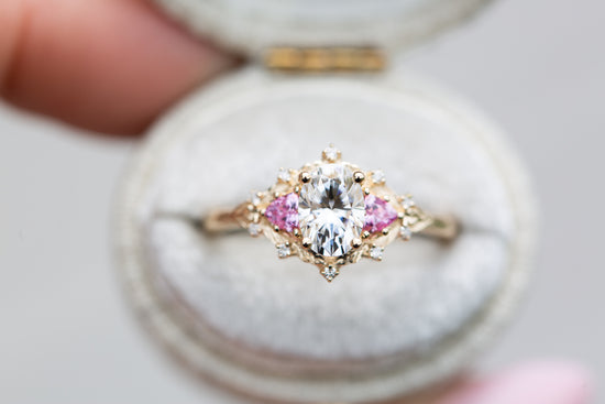 Woodland three stone with moissanite and pink sapphire