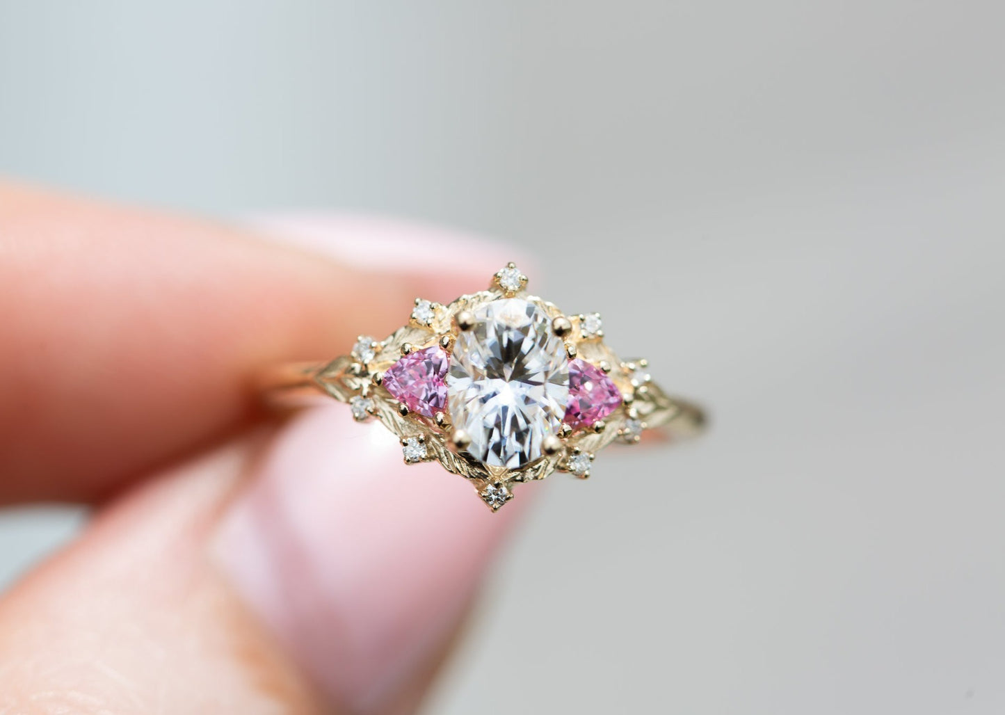 Woodland three stone with moissanite and pink sapphire