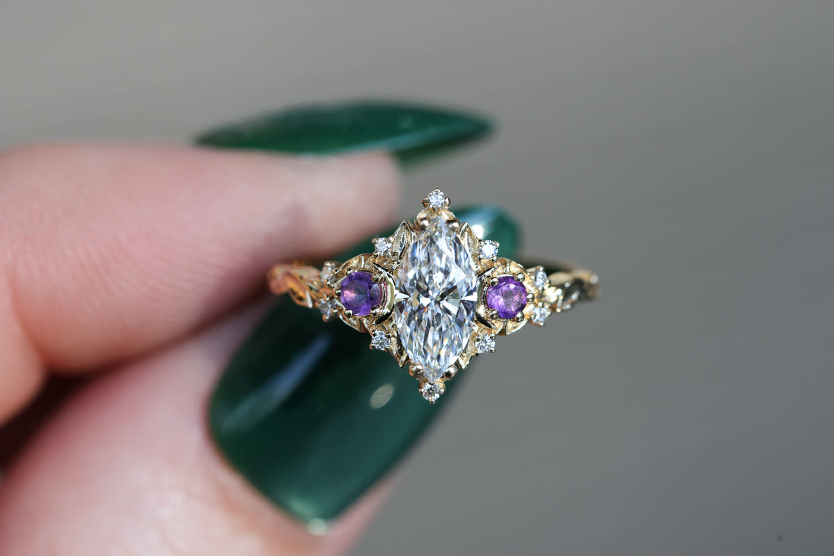 Briar Moon Three Stone with marquise lab diamond and round