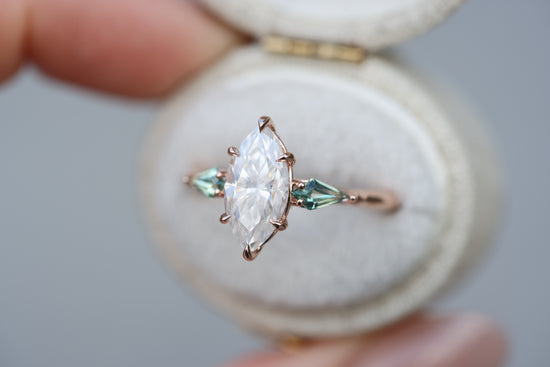 Artemis with marquise moissanite and lab green sapphire