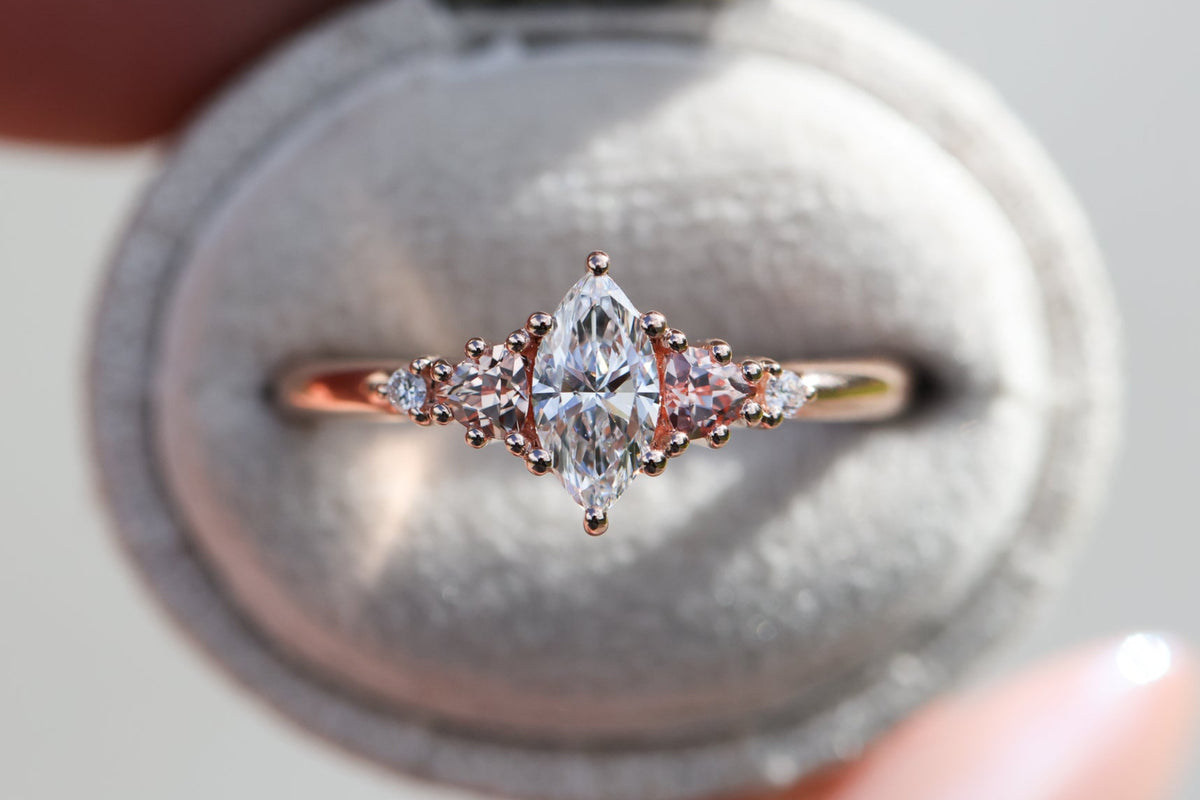 Harbor setting with marquise lab diamond and peach sapphire