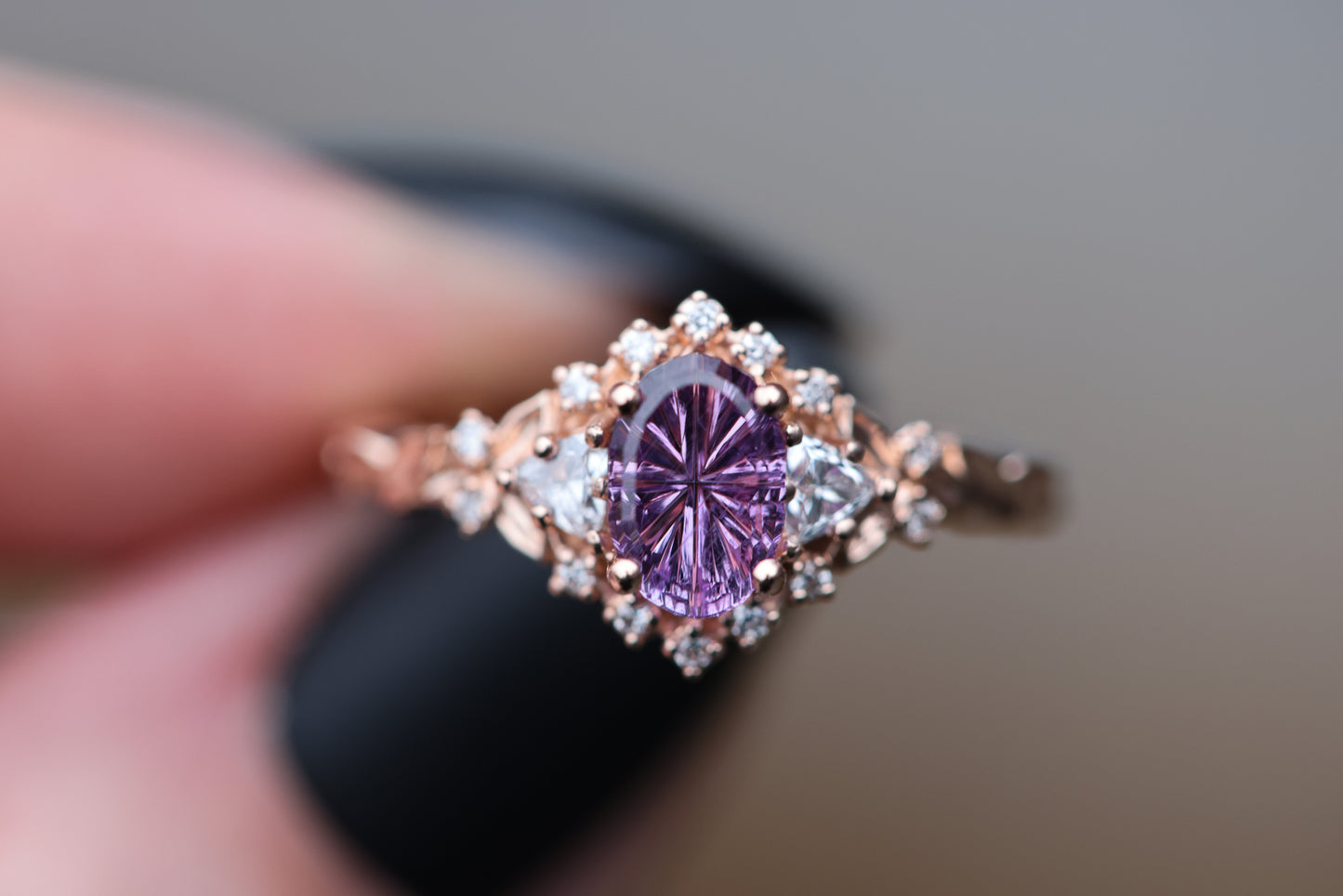 Briar rose half halo with oval purple Starbrite sapphire