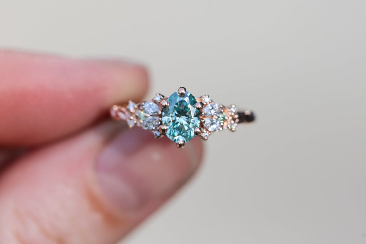 Enchanted Garden 7x5mm teal moissanite – Oore Jewelry