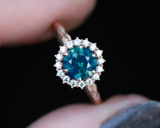 Round blue green sapphire midsummer ring