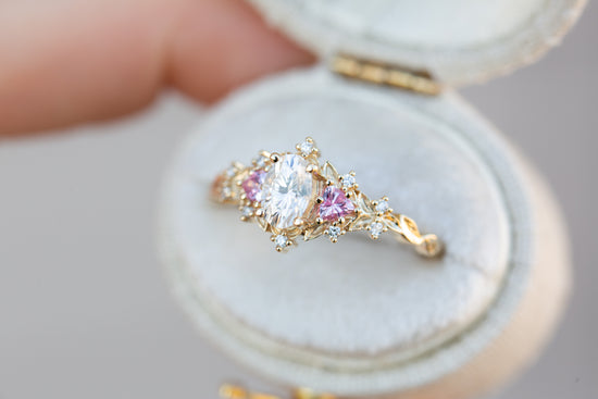 Briar rose three stone with oval moissanite and pink sapphire (fairy queen ring)