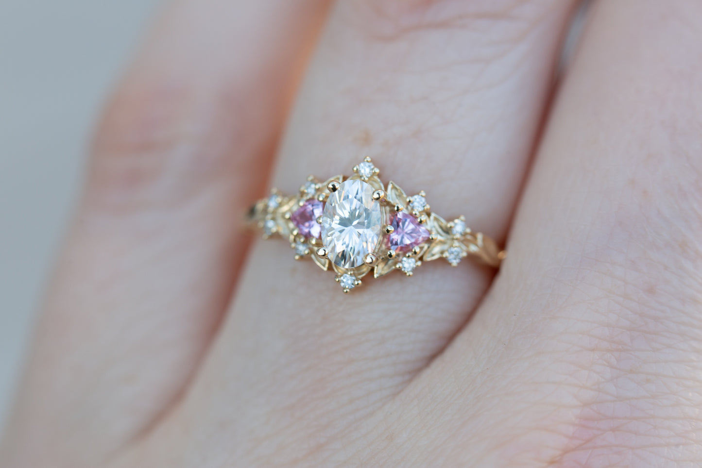 Briar rose three stone with oval moissanite and pink sapphire (fairy queen ring)