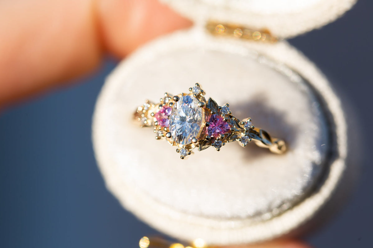 Briar Rose Three Stone with oval moissanite and pink sapphire (fairy q