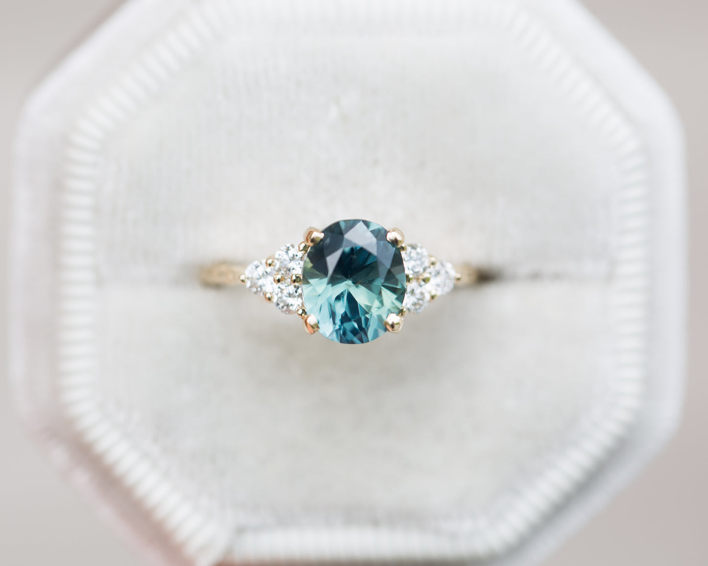 Oval teal sapphire leaf engagement ring, seraphina setting