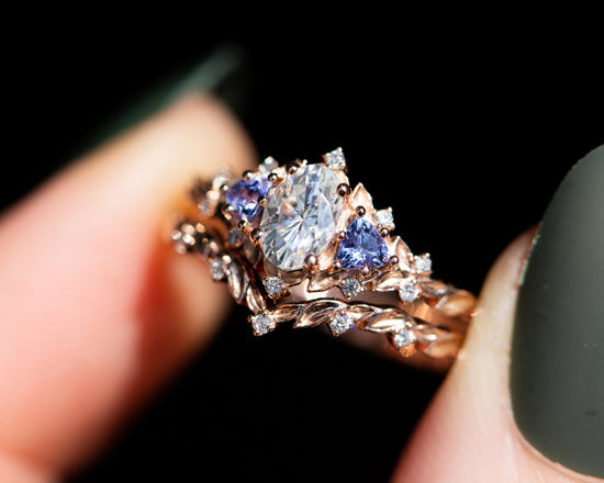 Briar rose three stone with oval moissanite and tanzanite (fairy queen ring)