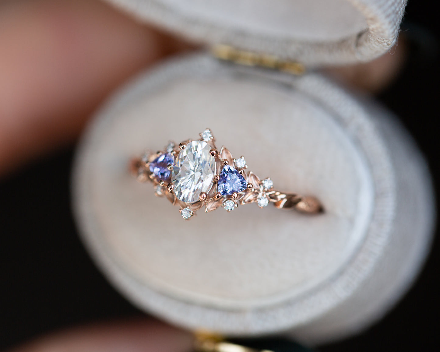 Briar rose three stone with oval moissanite and tanzanite (fairy queen ring)