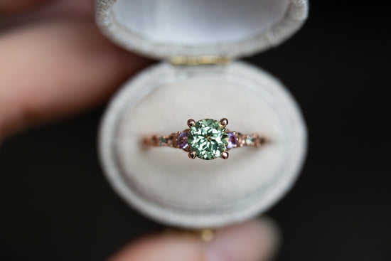 The Rosa setting with lab green sapphire