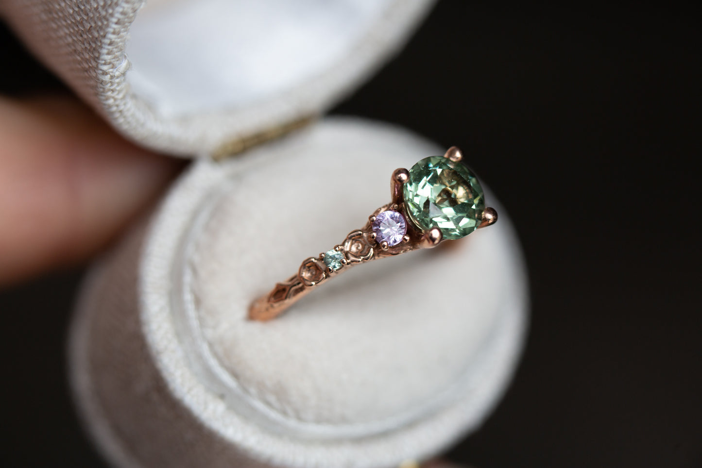 The Rosa setting with lab green sapphire