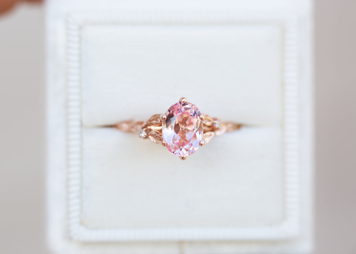 Oval lab pink sapphire leaf cathedral ring