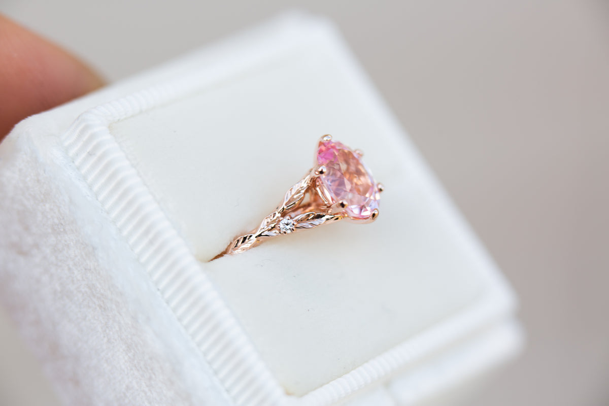 Oval lab pink sapphire leaf cathedral ring