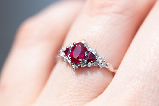 Load image into Gallery viewer, Briar rose three stone with lab ruby
