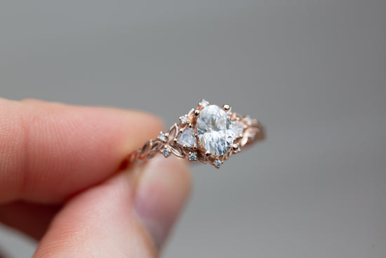 Briar rose three stone with 7x5mm oval moissanite