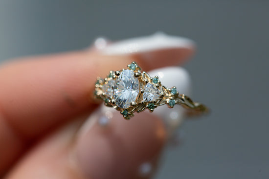 Load image into Gallery viewer, Briar rose three stone with moissanite and mint diamond accents
