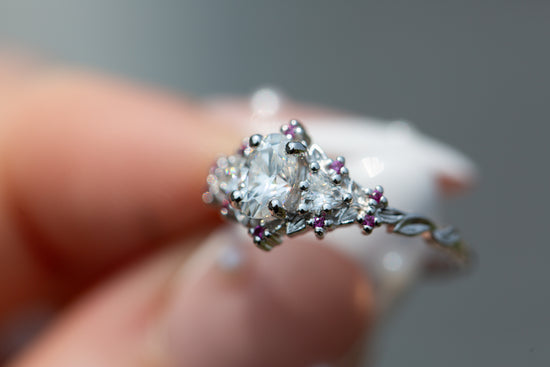 Briar rose three stone with moissanite and pink sapphire accents