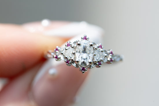 Briar rose three stone with moissanite and pink sapphire accents