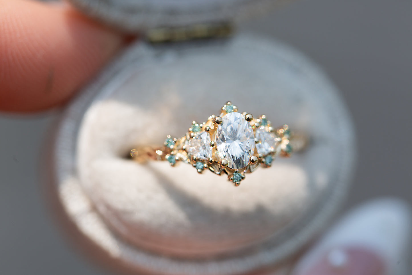 Load image into Gallery viewer, Briar rose three stone with moissanite and mint diamond accents
