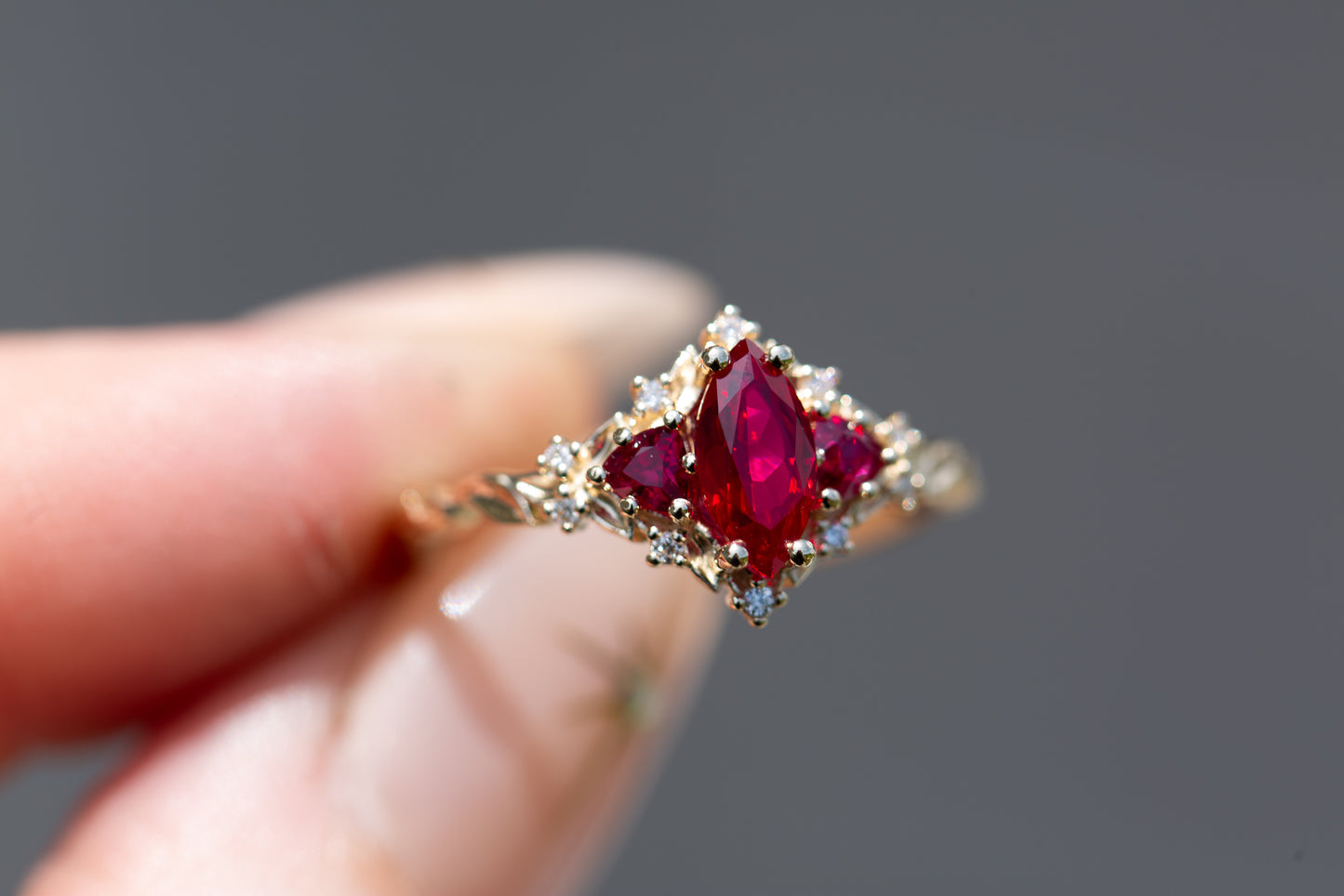 Load image into Gallery viewer, Briar rose three stone with marquise lab ruby center and lab ruby sides
