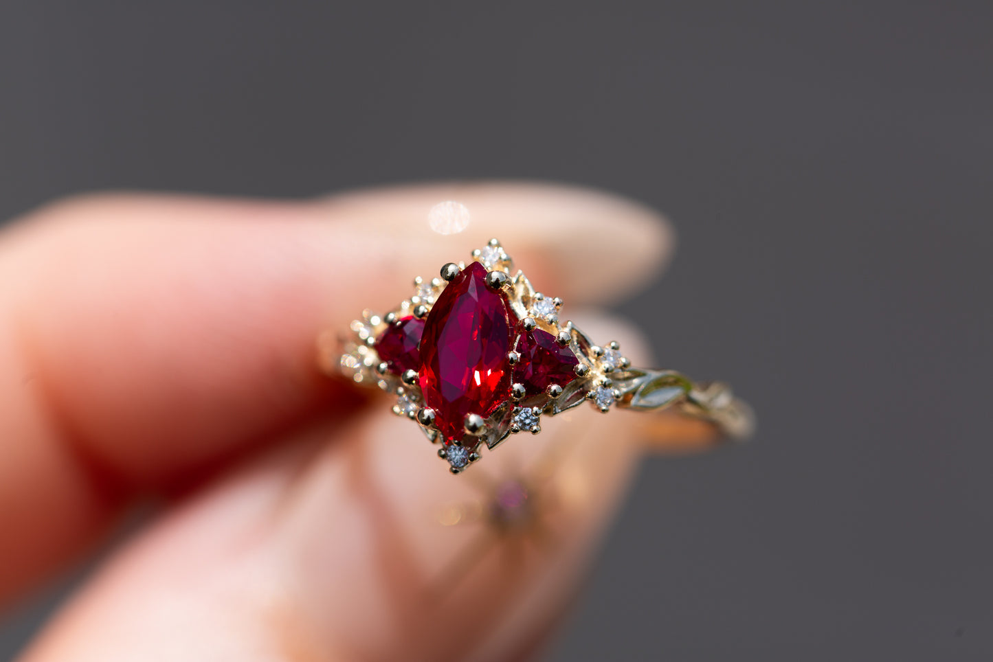 Load image into Gallery viewer, Briar rose three stone with marquise lab ruby center and lab ruby sides
