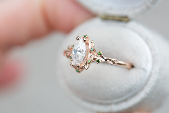Load image into Gallery viewer, Briar rose halo with marquise moissanite and green diamond accents
