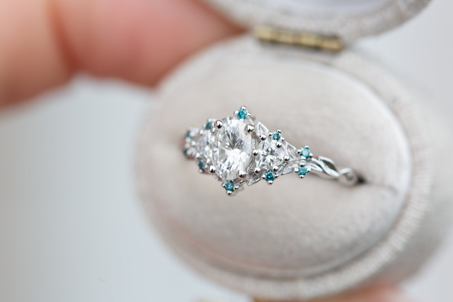 Load image into Gallery viewer, Briar rose three stone with moissanite and blue teal irradiated diamond accents
