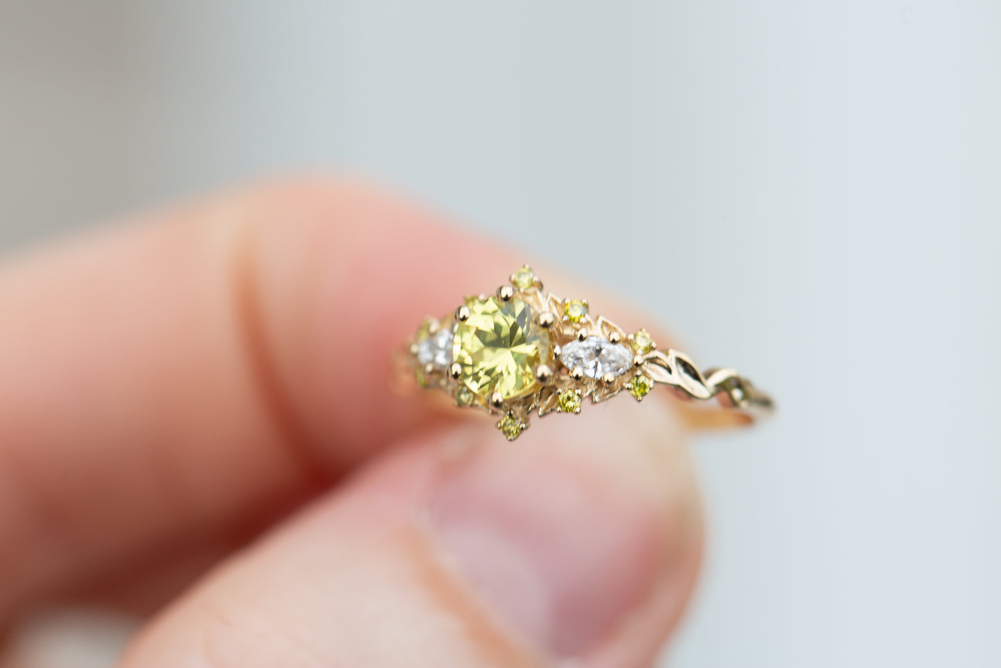 Load image into Gallery viewer, Briar rose three stone with round natural yellow sapphire center
