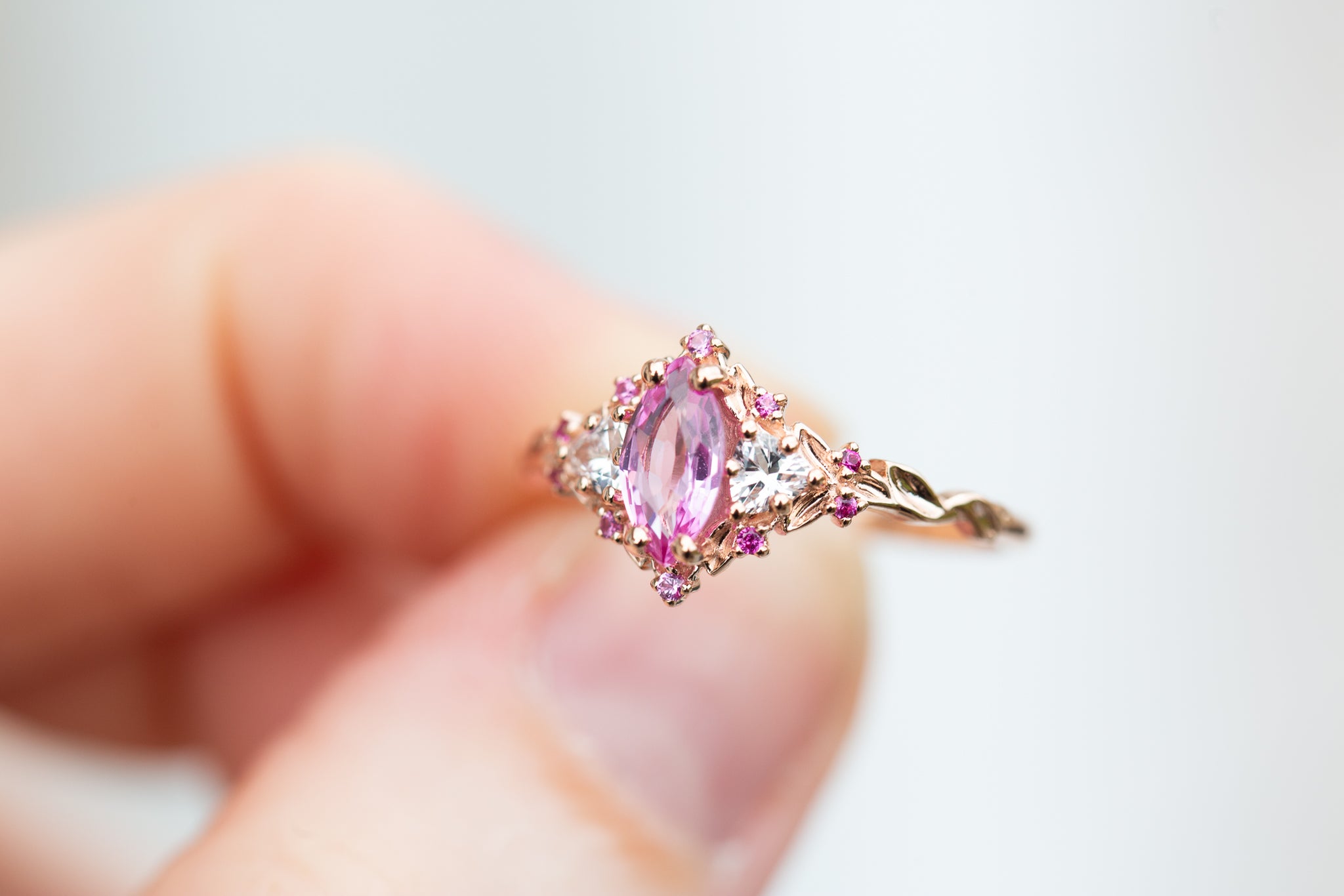 Briar Rose Three Stone with marquise natural pink sapphire center