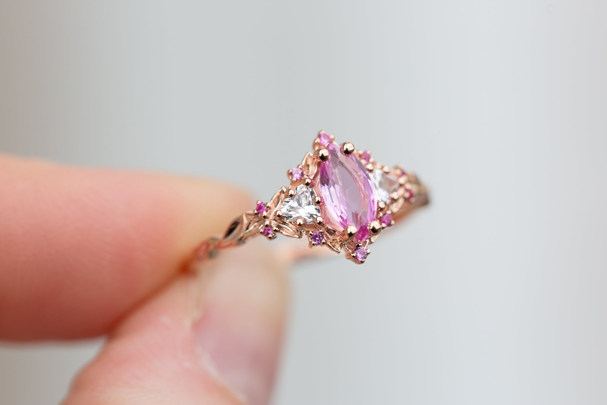 Briar Rose Three Stone with marquise natural pink sapphire center
