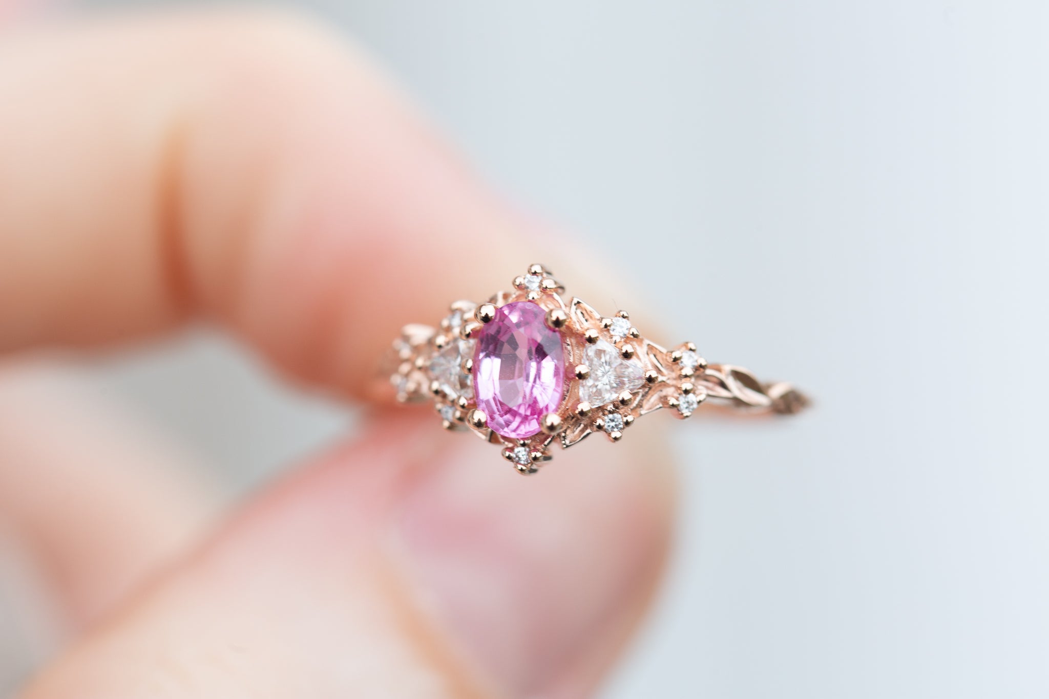 Briar Rose Three Stone with grade A natural pink sapphire oval