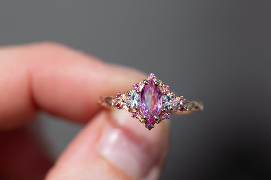 Load image into Gallery viewer, Briar rose three stone with marquise natural pink sapphire center
