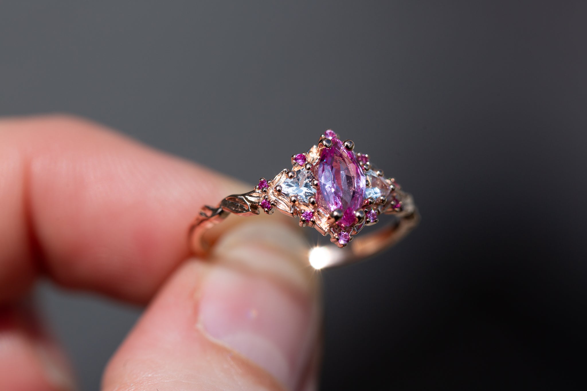 Briar Rose Three Stone with marquise natural pink sapphire center