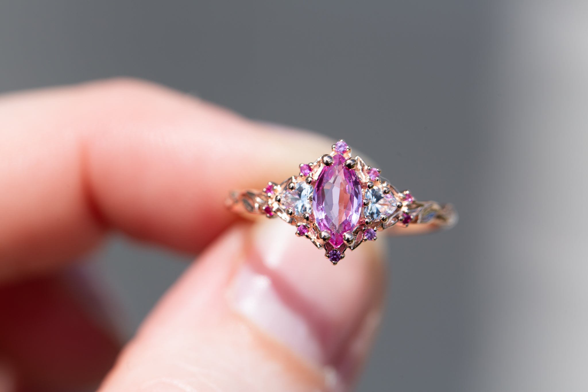 Briar Rose Three Stone with marquise natural pink sapphire center