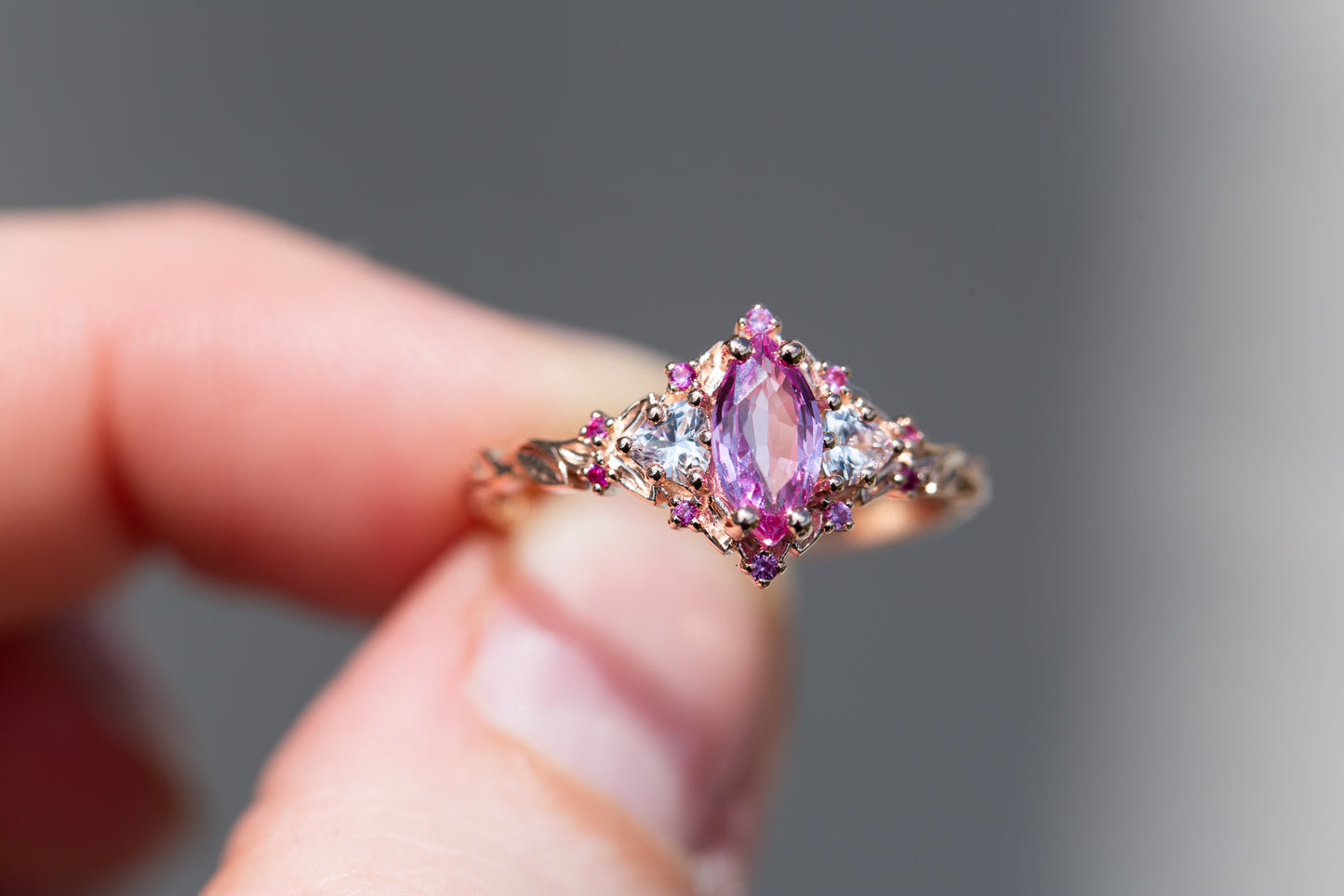 Load image into Gallery viewer, Briar rose three stone with marquise natural pink sapphire center
