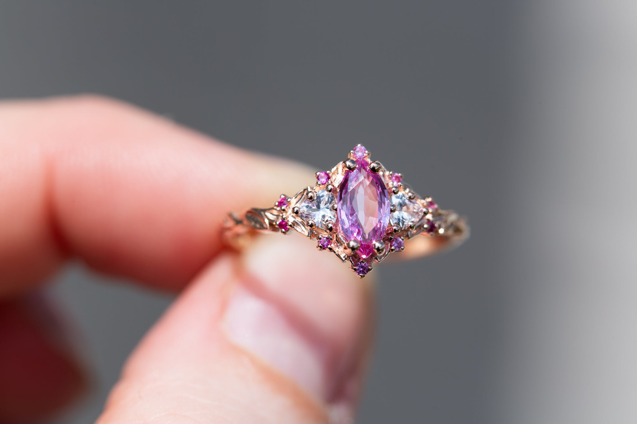 Briar Rose Three Stone with marquise natural pink sapphire center
