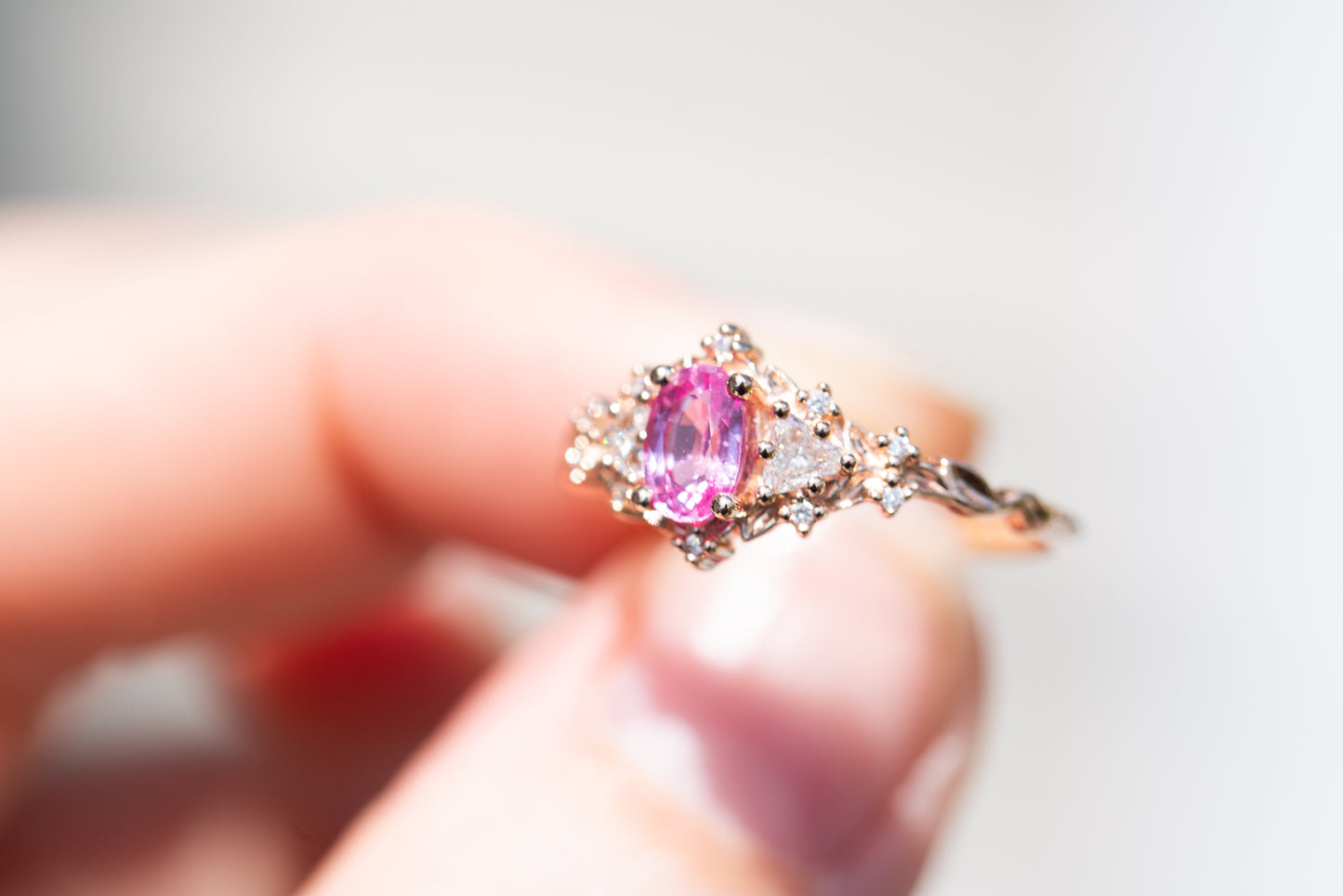 Briar rose three stone with oval moissanite and pink sapphire (fairy q –  Oore jewelry