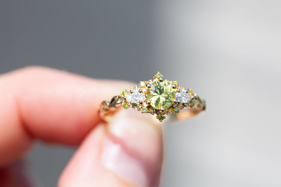 Load image into Gallery viewer, Briar rose three stone with round natural yellow sapphire center
