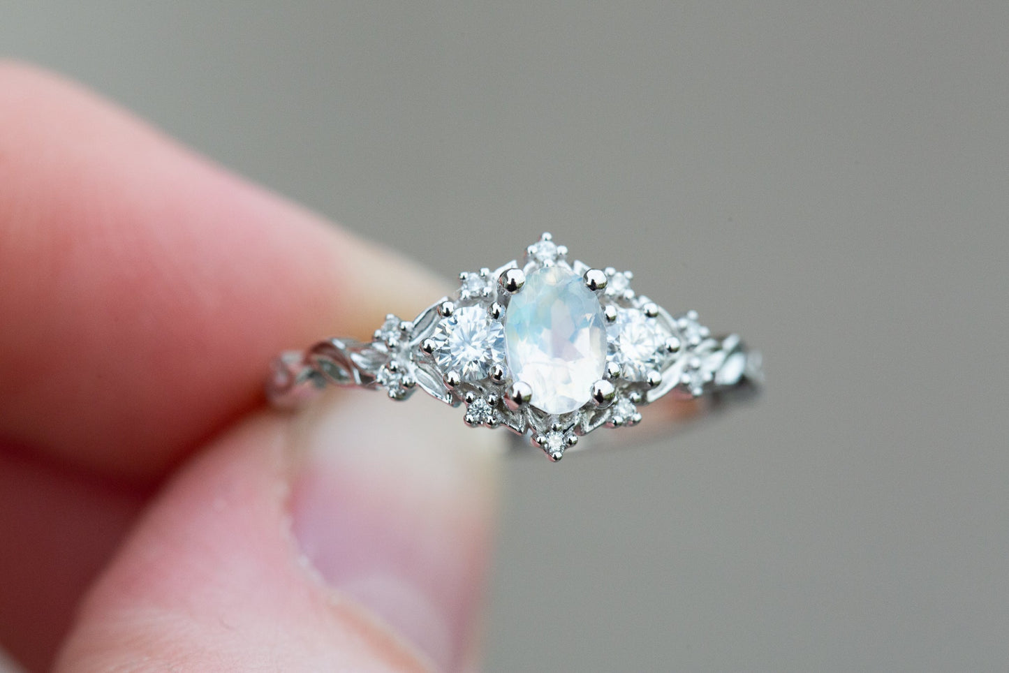 Load image into Gallery viewer, Briar rose three stone with oval moonstone center
