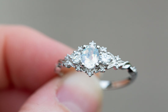 Load image into Gallery viewer, Briar rose three stone with oval moonstone center
