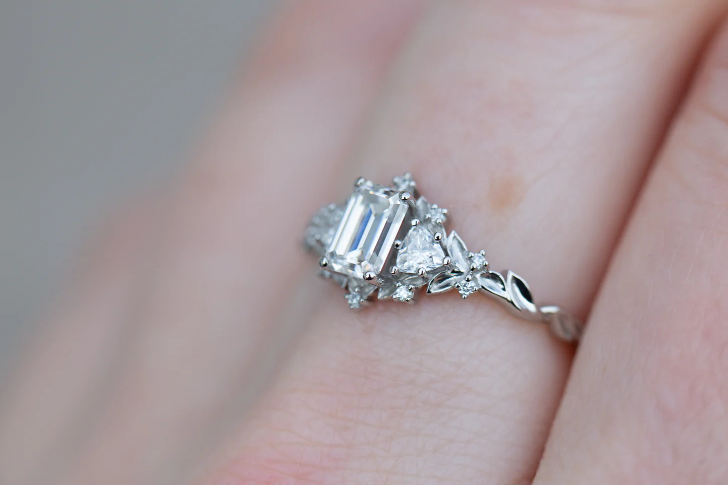 Load image into Gallery viewer, Customize your own Briar rose three stone with 6x4mm emerald cut center
