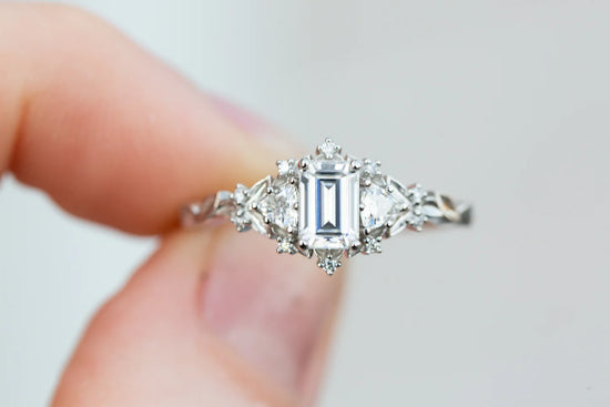 Customize your own Briar rose three stone with 6x4mm emerald cut center