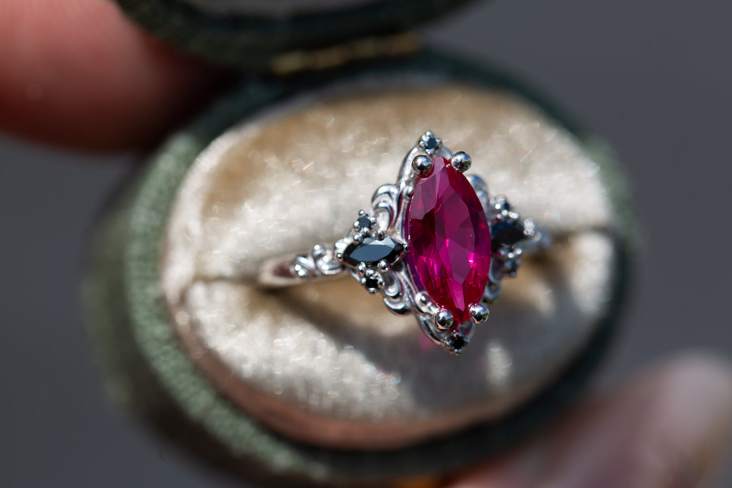 Load image into Gallery viewer, Aurora three stone with marquise lab ruby and black diamonds
