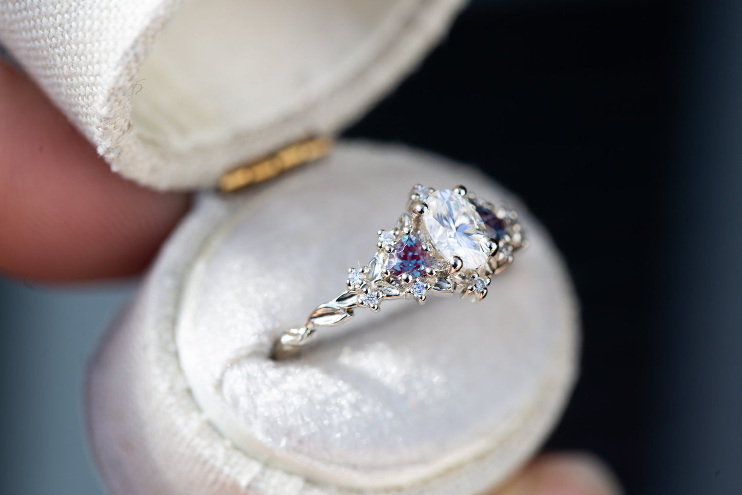 Load image into Gallery viewer, Split Payment 1 - Briar rose three stone with 6x4mm oval moissanite and alexandrite
