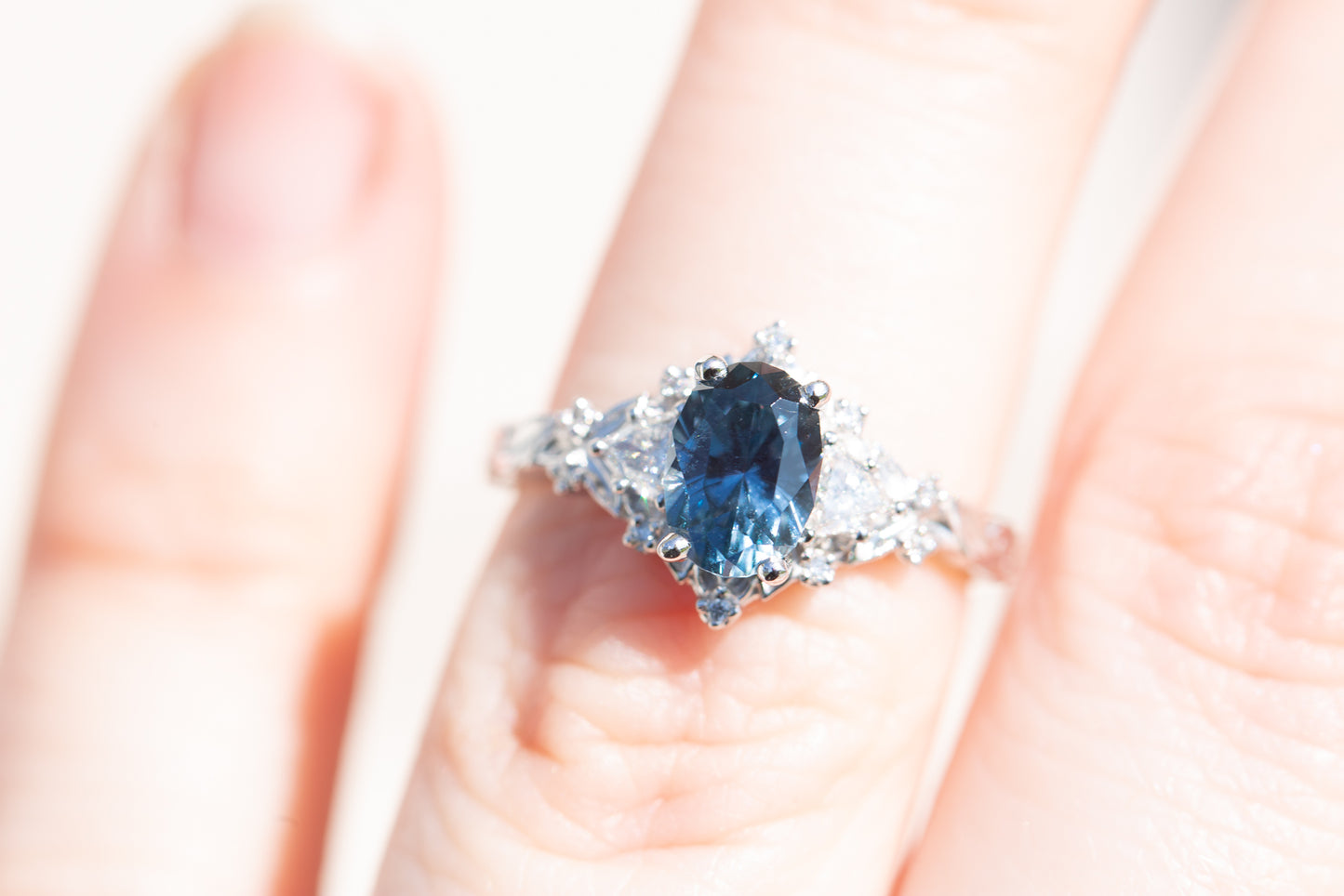 Load image into Gallery viewer, READY TO SHIP - Size 5 14k white gold 1.47ct John Dyer sapphire Briar rose three stone

