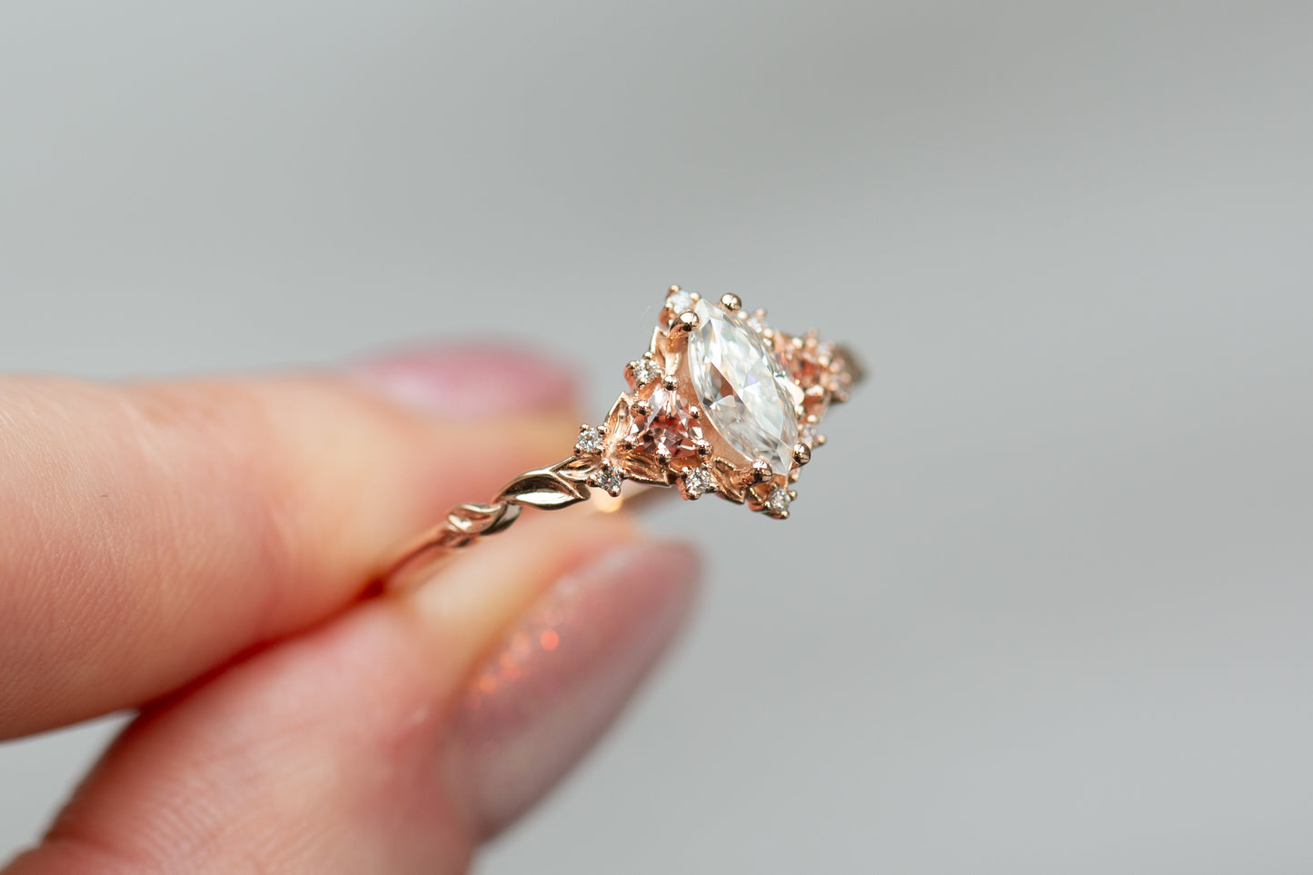 READY TO SHIP - Size 10, 14k Rose Gold Briar Rose Three Stone