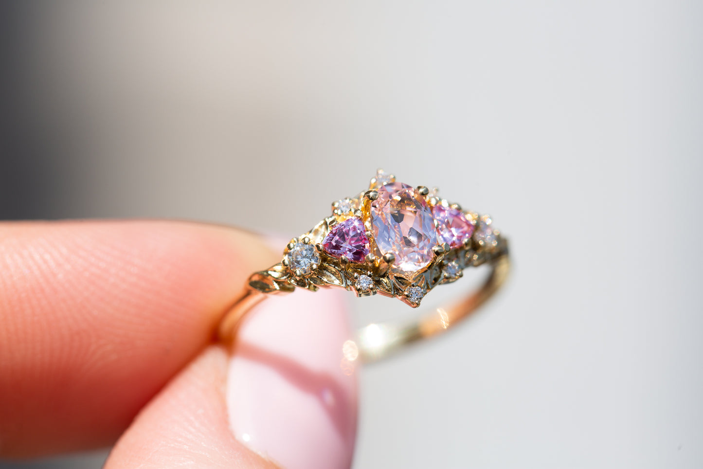 Briar rose five stone setting with lab pink sapphire