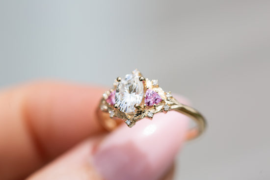 Load image into Gallery viewer, Woodland three stone with moissanite and pink sapphire
